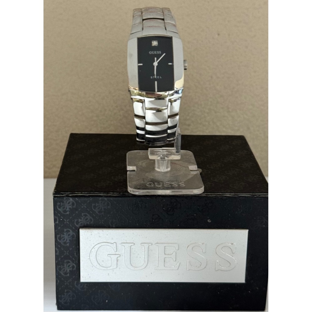 Guess Steel Mens Watch G95216G Black Diamond Dial Silver Tone Stainless Link Box
